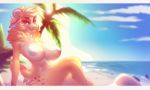  1girl 1girl anthro areola beach big_breasts blue_eyes breasts caprine fur furry ghostli hair horn leilah_(xieraseix) mammal nude orange_fur orange_hair scenery seaside sheep sitting 