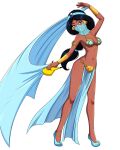  1girl aladdin_(series) arms_up black_hair dark-skinned_female disney disney_princess female_focus harem_outfit long_hair mantle mask navel princess_jasmine simple_background transparent_clothing vein white_hair 