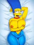 erect_nipples huge_breasts jeans marge_simpson no_bra the_simpsons thick_thighs