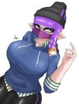 artist_signature beanie big_breasts breasts ear_piercing gradient_hair hoodie ikazirusi_01 inkling inkling_girl mask nintendo oc purple_hair ring shiny_thighs signature splatoon splatoon_(series) tentacle_hair thick_thighs white_background white_eyes