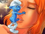 1boy 1girl 1girl ass blue_skin cartoonreality closed_eyes clumsy_smurf eyelashes first_porn_of_character grace_winslow human lips orange_hair pants_down penis peyo saliva sex sleeping smurf the_smurfs white_hat