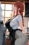 1boy1girl 1girl ai_generated apron braid bulge chainsaw_man curvy curvy_female curvy_figure jeans long_hair makima_(chainsaw_man) red_hair