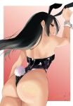 1girl 1girl alluring animal_ears ass ass_focus black_hair black_leotard border closed_mouth dated fake_animal_ears floating_hair gradient_background hashtag-only_commentary leotard long_hair looking_at_viewer looking_back morag_ladair_(xenoblade) nayuta-kanata outside_border playboy_bunny rabbit_ears rabbit_tail red_background standing tail white_border xenoblade_(series) xenoblade_chronicles_2