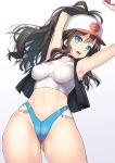 10s 1girl armpits arms_up baseball_cap blue_eyes breasts brown_hair choker cowboy_shot erect_nipples gluteal_fold hat highleg highleg_panties hilda holding holding_poke_ball impossible_clothes long_hair looking_at_viewer medium_breasts midriff nagase_haruhito panties poke_ball pokemon pokemon_(game) pokemon_bw ponytail simple_background solo standing taut_clothes thighs touko_(pokemon) underwear vest