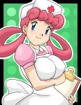 1girl big_breasts blue_eyes breasts clipboard clothed female female_only hair_rings joy_(pokemon) looking_at_viewer nurse_cap nurse_joy nurse_uniform pink_hair pokemon pokemon_(anime) pose smile solo uniform