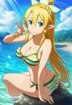 1girl accurate_art_style alluring bare_legs beach big_breasts bikini blonde_hair blue_sky cleavage green_eyes leafa mikalizer ocean peace_gesture pin_up sword_art_online