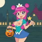 1girl 1girl ai_generated ami_onuki breasts breasts_out cartoon_network cosplay dress halloween halloween_costume hi_hi_puffy_amiyumi looking_at_viewer nipples open_mouth pumpkin_basket smile tiara wand