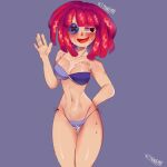 1girl 2025 bikini blush button_eye doll dripping glitch_productions gooseworx hand_on_hip ragatha ragatha_(tadc) ragatha_(the_amazing_digital_circus) ragdoll red_hair solo_female the_amazing_digital_circus water_on_breasts waving_at_viewer yetixinfire