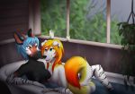 1girl 2_girls absurd_res anthro ass bath blue_hair breasts candle canine digital_media_(artwork) dog ear_piercing female/female female_only floppy_ears fluffy_tail fur furry hair high_res mammal markings moka45 okapi original piercing plant water window wolfpsalm yuri