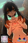 1girl 1girl 1girl ahoge ai_generated artist_logo bags_under_eyes black_hair breasts brown_hair cloud collarbone completely_nude embers empty_eyes gradient_hair hair_between_eyes heart_hands littlehentai long_hair looking_at_viewer medium_breasts multicolored_hair navel nude open_mouth orange_eyes orange_hair out-of-frame_censoring qr_code savitar savitar_(artist) sky tattoo twin_tails two-tone_hair