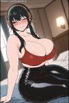  ai_generated bare_thighs black_hair blush bra gigantic_breasts grin hair_bun hairband huge_breasts huge_thighs kawaiiarts latex light-skinned_female light_skin massive_breasts mature_female milf one_eye_closed red_eyes solo_female spy_x_family squatting sweat sweatdrop thick_body thick_female thick_thighs thighs voluptuous voluptuous_female yor_briar yor_forger 