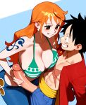 1boy 1girl abs ai_generated big_breasts bikini bikini_top_only black_hair blush breast_press breasts cleavage clenched_teeth denim earrings erection green_bikini grin handjob jeans jewelry large_penis long_hair looking_at_another looking_at_penis male monkey_d._luffy nami_(one_piece) one_piece orange_eyes orange_hair pants penis penis_grab scar scar_on_chest shoulder_tattoo smile straight swimsuit tattoo teeth trewg001