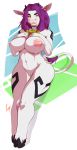  1girl 1girl 2015 anthro bell big_breasts bovine breasts cattle collar ear_piercing furry hair horn lactating leaking leokingdom mammal nipples nude piercing purple_hair pussy yellow_eyes 