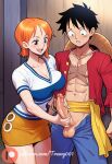1boy 1girl abs ai_generated big_breasts black_hair blush breasts denim erection handjob hat large_penis looking_at_penis looking_down miniskirt monkey_d._luffy nami_(one_piece) one_piece open_clothes open_mouth open_shirt orange_hair patreon_logo penis penis_grab red_shirt scar scar_on_chest scar_on_face shirt short_hair skirt smile straight straw_hat testicles trewg001 unbuttoned uncensored veins veiny_penis