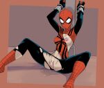 1girl 2022 arms_up bodysuit bondage bound bound_arms breasts c-smut-run csmutrun cuffs exposed_breasts exposed_pussy high_res legs_apart legs_spread marvel marvel_comics mask masked masked_female mayday_parker pink_nipples pussy pussy_juice restrained spider-girl spider-man_(series) superheroine torn_bodysuit torn_clothing wet wet_pussy