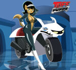 1girl anthro armpits bodysuit breasts cat cleavage furaffinity furry grimphantom high_heel_boots huge_breasts kitty_katswell motorcycle t.u.f.f._puppy thick_thighs