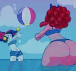 1girl 2_girls ass ass_crack back_view beach beach_ball belly_button big_ass bikini breasts female_only glitch_productions huge_ass pinkbobatoo pomni_(the_amazing_digital_circus) ragatha_(the_amazing_digital_circus) red_hair skiddioop stereodaddy swimsuit the_amazing_digital_circus thick_thighs thighs tubetop water