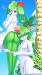 anthro areolae ass big_ass big_breasts breasts galaxyoron green_hair heart humanoid incest kirlia nintendo nipples nude panties pokemon pussy ralts red_eyes sisters smile text yuri