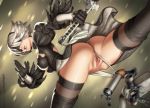 1girl artist_name ass black_dress black_gloves black_legwear blindfold dress edit erect_nipples erotibot erotibot_(artist) gloves hairband lips mole mole_under_mouth motion_blur nier:_automata nier_(series) pod_(nier) puffy_sleeves pussy short_hair silver_hair stockings sword uncensored upskirt wardrobe_malfunction weapon yorha_no._2_type_b