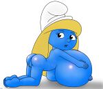 1girl alternate_breast_size big_breasts breasts helix holding_own_breasts licking_own_breast smurfette tagme teasing_viewer the_smurfs