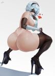 1girl araneesama big_breasts blindfold bubble_butt cleavage horny inviting_to_sex looking_at_viewer naked naked_female nier nier:_automata nier_(series) nude nude_female pose shaved_pussy sitting stockings teasing thick_thighs white_hair yorha_no._2_type_b