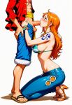 1boy 1girl abs ai_generated arm_tattoo bangle big_breasts bikini bikini_top_only blush bracelet breasts denim earrings fellatio from_side full_body hands_on_hips hetero high_heels jeans jewelry kneel long_hair monkey_d._luffy nami_(one_piece) one_piece open_clothes open_shirt oral orange_eyes orange_hair pants penis profile red_shirt sandals sash scar shorts shoulder_tattoo sideboob standing swimsuit tattoo testicles toes trewg001 uncensored veins veiny_penis