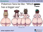 1girl 4chan 4chan_thread 4girls alternate_version ass ass_bigger_than_head ass_focus back_view breasts brown_hair clothed f_e_ fat_ass female_focus female_only game_freak gloria_(pokemon) half-dressed half_naked hands_on_hips hat hilda_(pokemon) huge_ass middle_finger nintendo pokemon pokemon_bw pokemon_ss pokemon_xy rosa_(pokemon) serena_(pokemon) shirt stockings sweater thick_thighs
