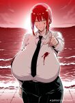 1girl ai_generated alternate_breast_size beck77 blood breasts chainsaw_man gigantic_breasts grin light-skinned_female light_skin looking_at_viewer makima_(chainsaw_man) pointing red_hair takeda_hiromitsu_(ai_style)