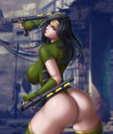 1girl 1girl artist_name ass big_breasts black_orchid blurry blurry_background breasts deviantart_username female_focus flowerxl green_leotard green_thighhighs killer_instinct leotard long_hair looking_at_viewer looking_back stockings thick_thighs thighs