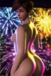 1girl 2016 3d ass breasts brown_eyes brown_hair eyebrows eyelashes female_only fireworks human large_ass leisurelysfm lena_oxton light_skin lips looking_at_viewer looking_back nose nude open_mouth overwatch round_ass shiny shiny_skin short_hair sideboob single_breast small_breasts source_filmmaker standing tracer_(overwatch)