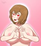  artist_name big_breasts breasts breasts_bigger_than_head chara chara_(undertale) erect_nipples eyes_glow eyes_glowing glow_eyes glowing_eyes heart heart_hands looking_at_viewer nipples nude pink_background red_eyes scrambles-sama undertale undertale_(series) upper_body 