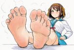 1girl 1girl ai_generated barefoot big_feet blush closed_mouth feet foot_focus foreshortening kita_high_school_uniform short_hair simple_background sketch smell soles suzumiya_haruhi sweat sweatdrop toenails toes white_background wrinkly_soles