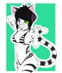  1girl 1girl 2017 9air anthro bikini breasts cat clothing digital_media_(artwork) feline fur furry hair heterochromia high_res kay long_hair looking_at_viewer mammal second_life simple_background smile striped_fur stripes swimsuit tiger white_fur white_tiger 