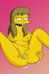 big_breasts brown_hair erect_nipples fingering gradient_background lakikoopax laura_powers long_hair masturbation masturbation nude open_mouth pink_background pleasure_face pussy pussy_juice rolleyes saliva spread_legs teeth the_simpsons tongue