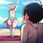 2boys ai_generated basil_(omori) beach blackwhiplash_(style) cucumber_king femboy gay large_ass male nosebleed novelai omori sunny_(omori) swimming_trunks swimwear wide_hips yaoi
