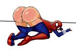 1girl 2019 absurd_res anus ass ass_focus ass_up bent_over big_ass bodysuit bottoms_down bubble_butt craze embarrassed exposed_ass face_down_ass_up high_res looking_at_viewer looking_back marvel marvel_comics mask masked_female mayday_parker pussy simple_background sketch spider-girl spider-man_(series) superheroine viewed_from_behind