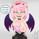 1:1 1girl 1girl absurd_res amy_rose anthro breasts bubjones cosplay dialogue eulipotyphlan exposed_breasts furry hedgehog high_res mammal nipple_slip simple_background sonic_the_hedgehog_(series) teasing