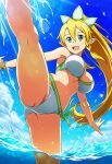 1girl accurate_art_style alluring bare_legs beach big_breasts bikini blonde_hair blue_sky cleavage green_eyes high_kick kick kicking leafa leg_lift mikalizer ocean pin_up sword_art_online