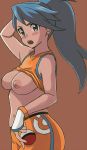 angry battle_girl_(pokemon) blue_hair breasts embarrassed holding_poke_ball long_hair looking_at_viewer medium_breasts no_bra npc_trainer poke_ball pokemon pokemon_oras pokemon_rse ponytail porkyman shirt_lift