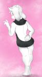 1boy anthro asriel_dreemurr ass backsack blush bottomless bottomless_male caprine clothed clothing digitigrade dutch_angle furry goat horn looking_at_viewer looking_back male_only mammal meme meme_attire meme_clothing pink_background rear_view standing testicles undertale v-d-k video_games virgin_killer_sweater