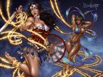  ankh armor big_breasts breasts cleavage cleopatra dancing dark_skin dc_comics diana_prince egyptian hypnotic_gas justice_league magic mezzberry mind_control see-through shield sword weapon wonder_woman wonder_woman_(series) yuri 