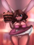  1girl 1girl 2017 anthro big_breasts blush breasts brown_hair cake carrot cleavage clothed clothing clothing_lift digital_media_(artwork) dress dress_lift food furry gradient_background hair high_res lagomorph long_ears looking_at_viewer mammal one_eye_closed pussy pussy_juice rabbit ribbons simple_background standing sweetlemondragon thick_thighs tongue tongue_out vegetable waiter wide_hips wink 