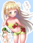 2_girls 2girls ? bangs bare_shoulders bikini blonde_hair blue_background blunt_bangs blush braid breasts collarbone cosplay costume_switch dark_skin eyebrows eyebrows_visible_through_hair floral_print french_braid green_bikini green_eyes green_hair hair_ornament hips leaning_forward lillie lillie_(pokemon) long_hair looking_to_the_side mallow mallow_(pokemon) mao_(pokemon) midriff multiple_girls navel nishizawa open_mouth out-of-frame_legs pepipopo pokemon pokemon_sm small_breasts standing strapless strapless_bikini swept_bangs swimsuit text translated trial_captain tubetop twintails twitter white_bikini