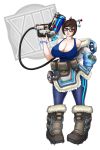 big_breasts breasts brown_eyes brown_hair cleavage female glasses gun mei-ling_zhou mei_(overwatch) overwatch solo waifuholic weapon