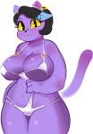 1girl 1girl 2017 anthro big_breasts bikini black_hair blue_hair blush breasts cameltoe cat catty_(undertale) chi-iz clothing digital_media_(artwork) ear_piercing eyelashes fangs feline fur furry hair huge_breasts looking_at_viewer mammal multicolored_hair navel piercing purple_fur simple_background slightly_chubby smile swimsuit thick_thighs two_tone_hair undertale video_games white_background yellow_sclera