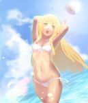 beach bikini blue_sky blunt_bangs breasts cloud cloudy_sky day daytime ekakinoetora hat hat_removed lillie lillie_(pokemon) long_hair ocean outdoor outdoors outside pokemon pokemon_sm side-tie_bikini side-tie_panties sky small_breasts standing stomach sun sun_hat swimsuit twin_braids water white_bikini white_swimsuit