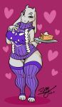 1girl 2017 anthro artist_request artist_signature big_breasts breasts clothing cskairi food furry horn looking_at_viewer mammal meme meme_attire meme_clothing one_eye_closed red_eyes smile thick_thighs toriel undertale video_games virgin_killer_sweater wide_hips wink