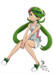  1girl :) cute flower green_eyes green_hair hair_flower hanauna happy mallow pokemon pokemon_sm sit sitting small_breasts smile twintails twitter 