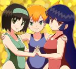 alluring big_breasts black_hair blue_swimsuit breasts creatures_(company) erika_(pokemon) game_freak golden_eyes green_swimsuit gym_leader humans_of_pokemon interlocked_fingers japanese_clothes kasumi_(pokemon) kimono looking_at_viewer medium_breasts misty nakaba natsume_(pokemon) nintendo one-piece_swimsuit pale_skin pokemon pokemon_(anime) pokemon_(game) pokemon_red_green_blue_&_yellow pokemon_rgby porkyman red_swimsuit sabrina side_ponytail small_breasts smile swimsuit