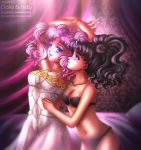 2_girls 2girls art bed bishoujo_senshi_sailor_moon black_hair blue_eyes bra breasts chibi_usa double_bun dress eye_contact indoors lavender_hair lingerie long_hair looking_at_another looking_to_the_side love midriff multiple_girls mutual_yuri panties queen_nehelenia sailor_moon strapless strapless_bra twin_tails yuri